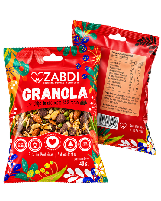 Granola Keto Friendly Zabdi de 40 g, frente y reverso del envase, fondo transparente