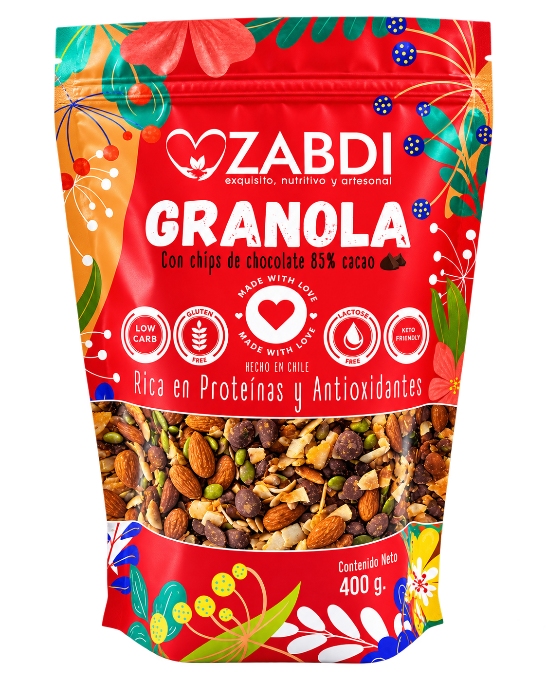 Bolsa Granola Keto Friendly Zabdi 400 g de frente, envase aprobado sobre fondo transparente